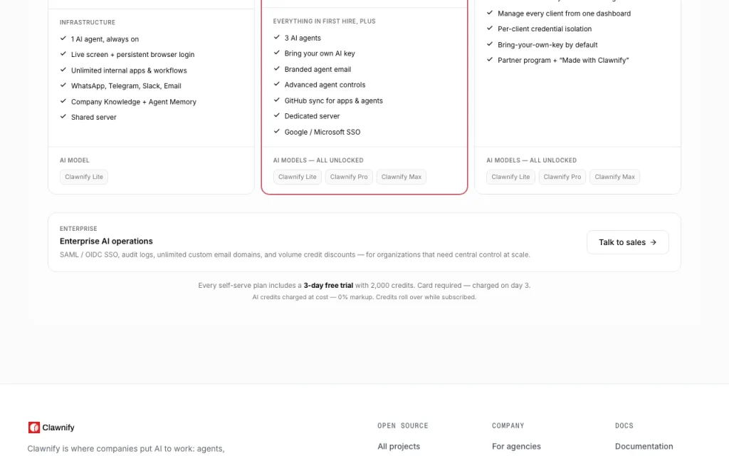 Clawnify page de tarifs avec offres et prix — capture d'écran de l'outil d'IA productivité et rédaction, Oct 1, 2026