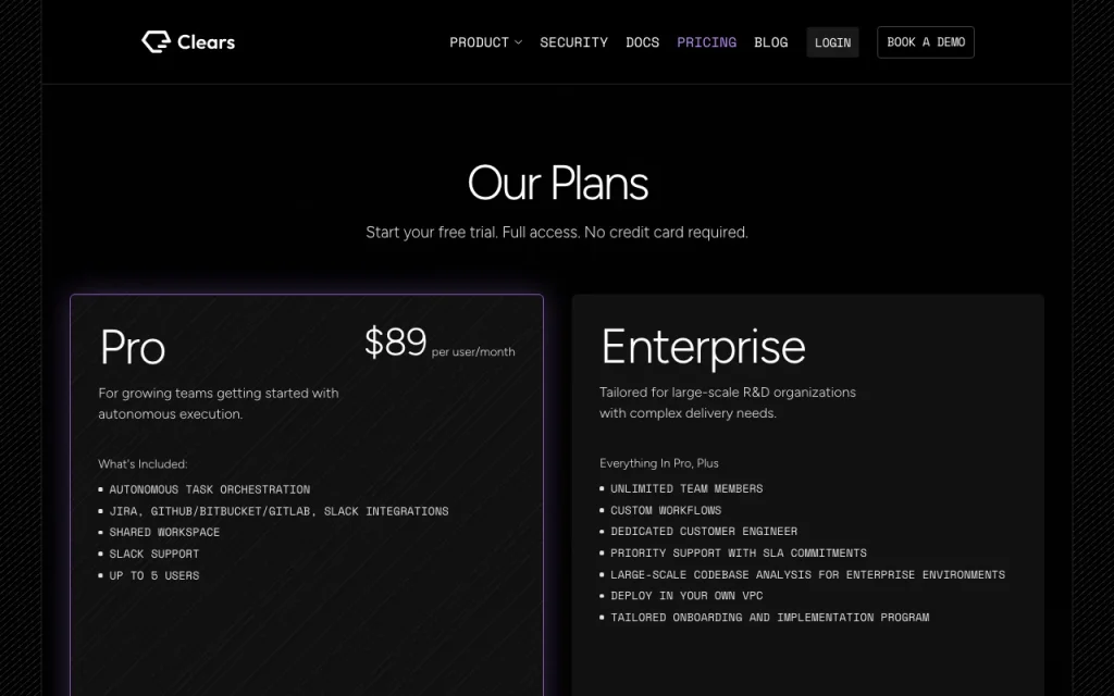 Clears AI pricing page with plans and prices — screenshot of the coding AI tool, Oct 1, 2026