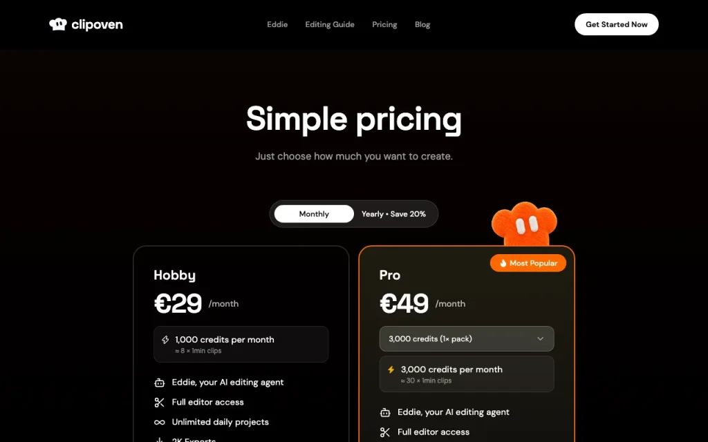 clipoven página de precios con planes y precios — captura de pantalla de la herramienta de IA video, Oct 1, 2026