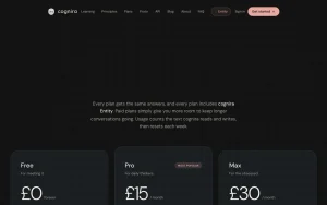 cognira pricing page with plans and prices — screenshot of the chat assistants AI tool, 2026-10-01