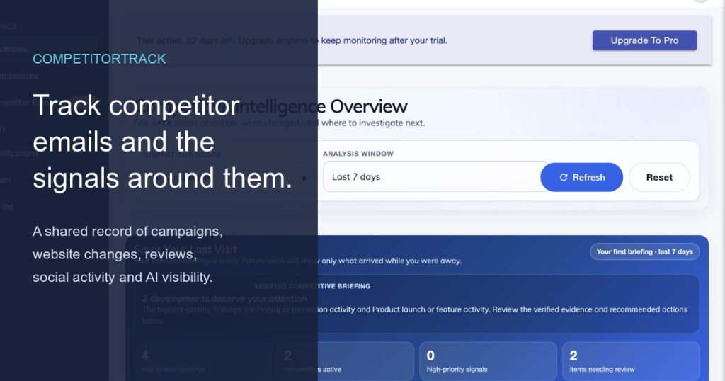 CompetitorTrack homepage screenshot, research & search AI tool