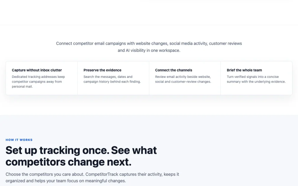 CompetitorTrack homepage — screenshot of the research & search AI tool, Oct 1, 2026