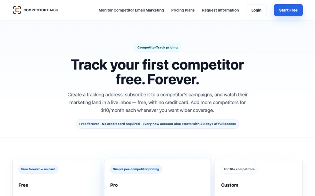 CompetitorTrack pricing page with plans and prices — screenshot of the research & search AI tool, Oct 1, 2026