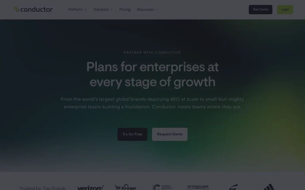 Conductor pricing page with plans and prices — screenshot of the research & search AI tool, Oct 1, 2026
