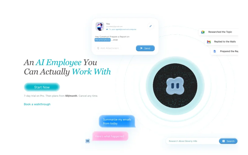 Construct Computer homepage — screenshot of the productivity & writing AI tool, Oct 1, 2026