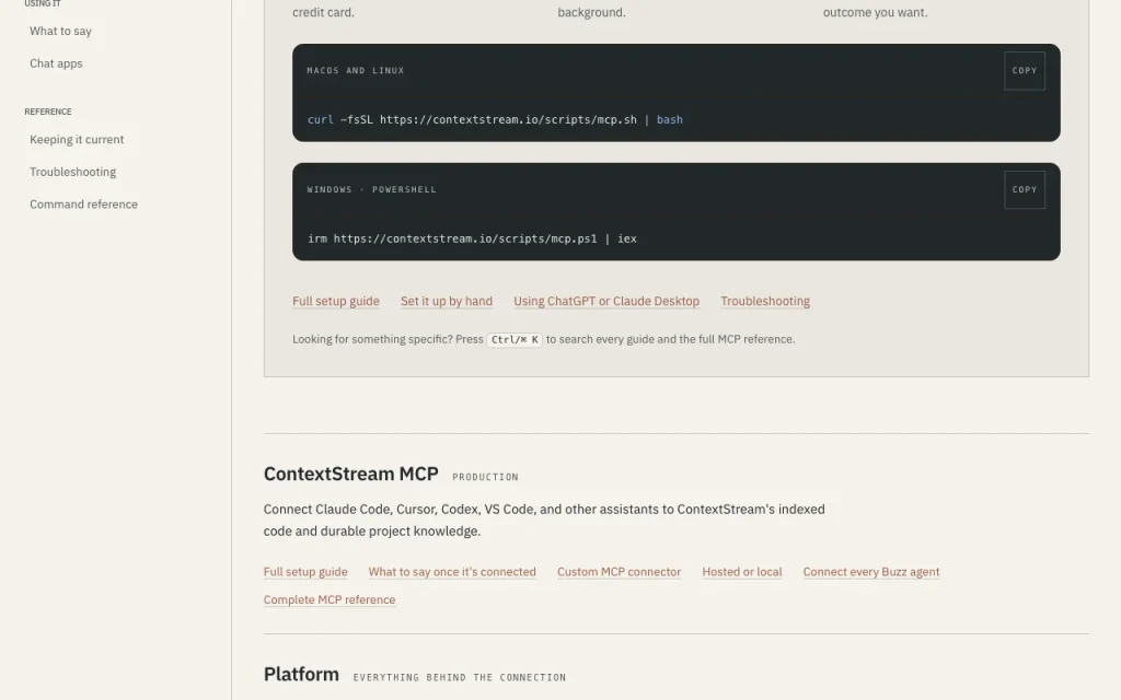 ContextStream documentation — screenshot of the coding AI tool, Oct 1, 2026
