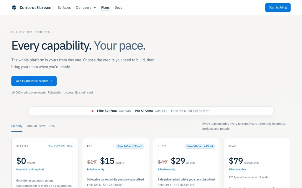 ContextStream pricing page with plans and prices — screenshot of the coding AI tool, Oct 1, 2026