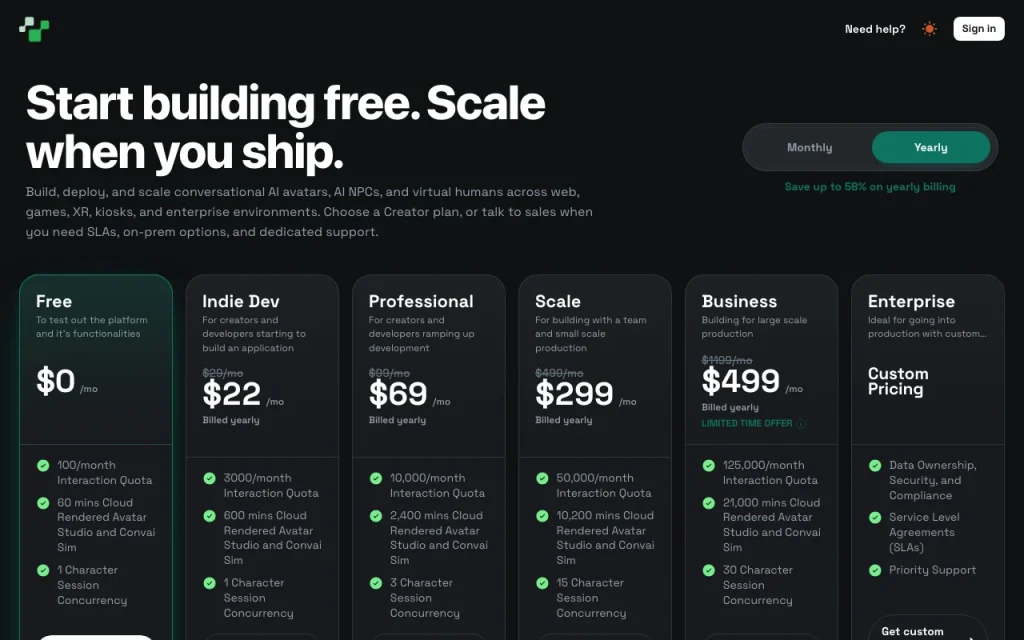 Convai página de precios con planes y precios — captura de pantalla de la herramienta de IA audio y voz, Oct 1, 2026