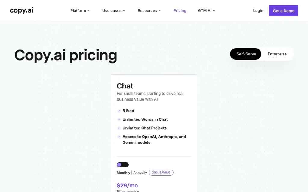 Copy.ai pricing page with plans and prices — screenshot of the productivity & writing AI tool, Oct 1, 2026