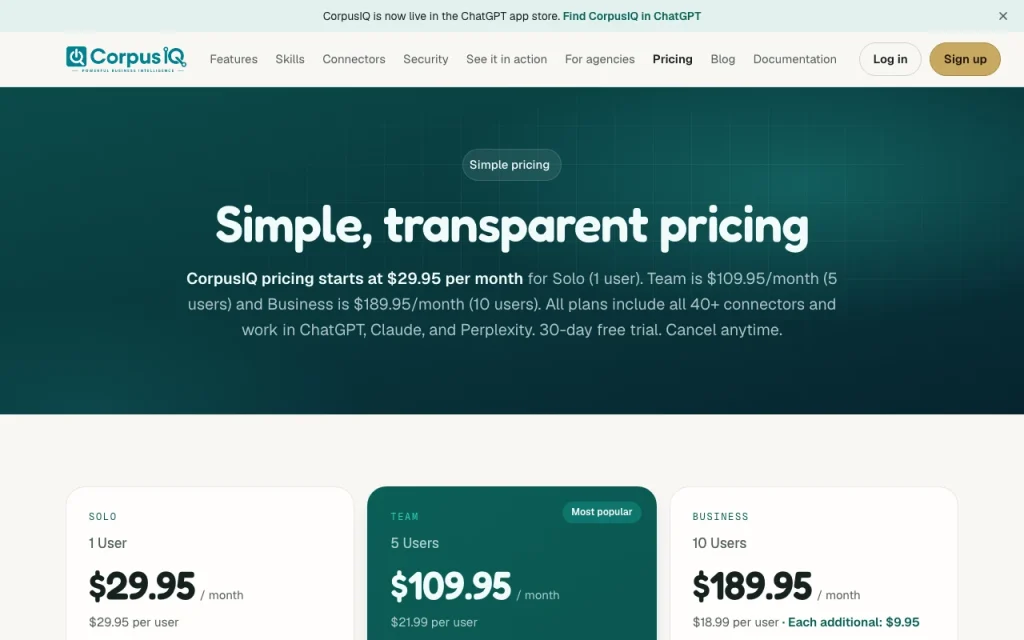 CorpusIQ page de tarifs avec offres et prix — capture d'écran de l'outil d'IA productivité et rédaction, Oct 1, 2026