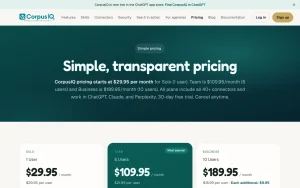 CorpusIQ pricing page with plans and prices — screenshot of the productivity & writing AI tool, 2026-10-01