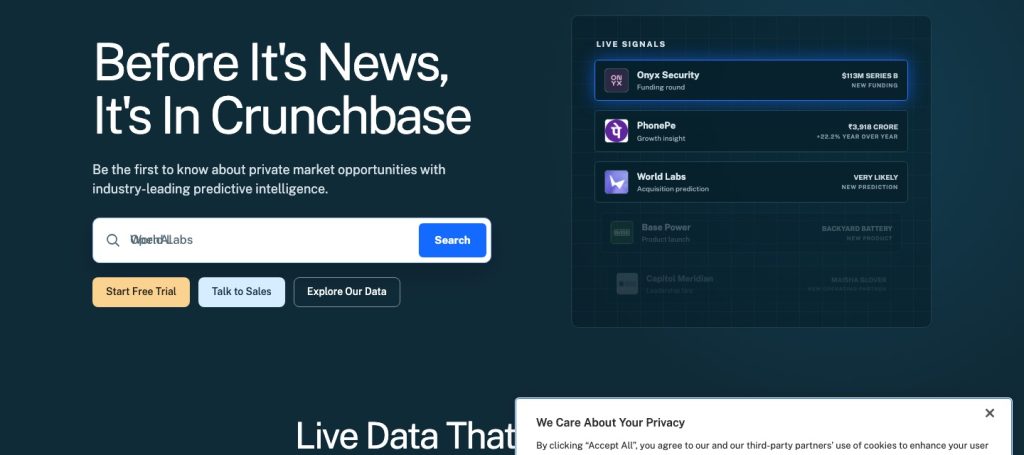 Crunchbase homepage screenshot, research & search AI tool