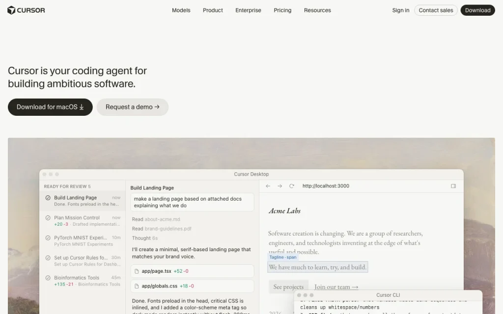 Cursor página principal — captura de pantalla de la herramienta de IA programación, Oct 1, 2026