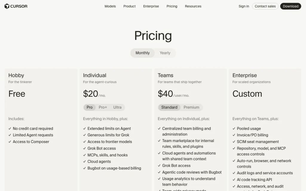 Cursor pricing page with plans and prices — screenshot of the coding AI tool, Oct 1, 2026
