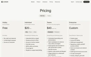 Cursor pricing page with plans and prices — screenshot of the coding AI tool, 2026-10-01