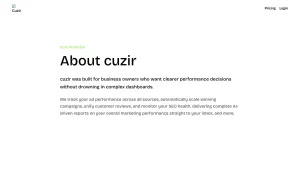 Cuzir about page — screenshot of the productivity & writing AI tool, 2026-10-01