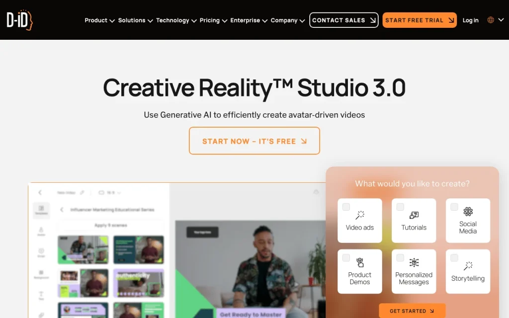 D-ID Creative Reality Studio homepage — screenshot of the video AI tool, Oct 1, 2026