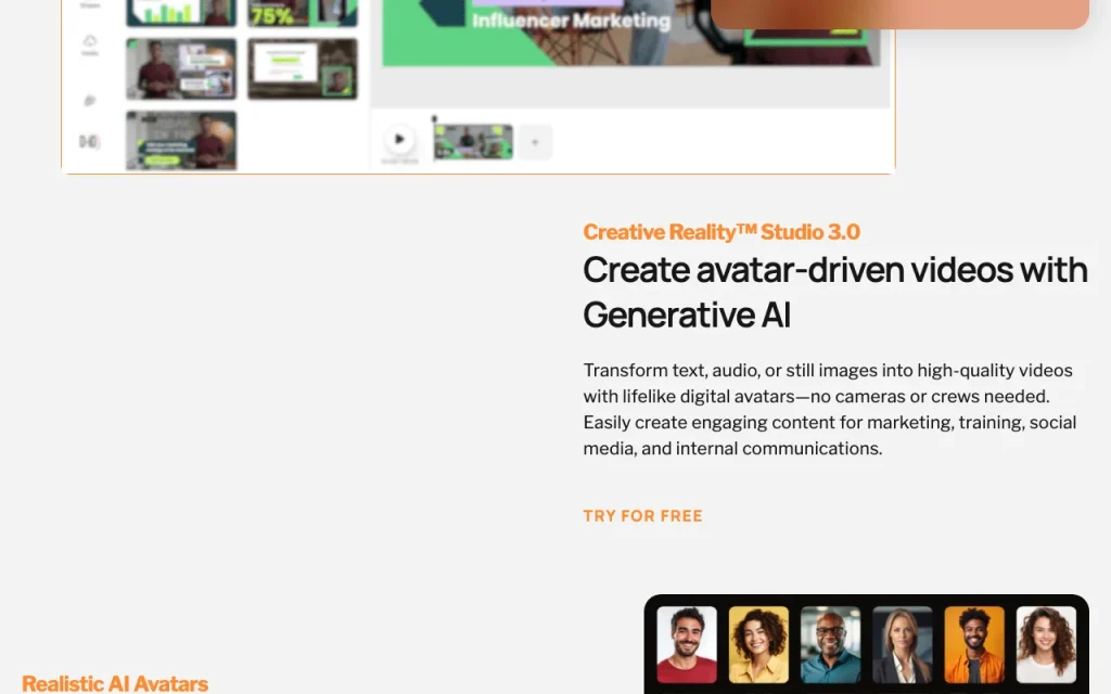 D-ID Creative Reality Studio homepage — screenshot of the video AI tool, Oct 1, 2026