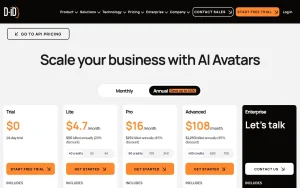 D-ID Creative Reality Studio pricing page with plans and prices — screenshot of the video AI tool, 2026-10-01