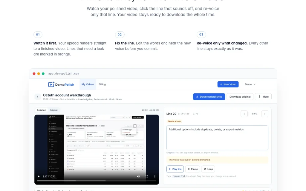 DemoPolish homepage — screenshot of the video AI tool, Oct 1, 2026