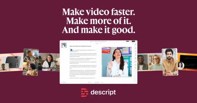 Descript homepage screenshot, video AI tool