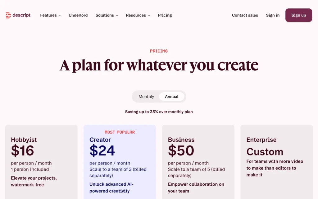 Descript pricing page with plans and prices — screenshot of the video AI tool, Oct 1, 2026
