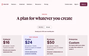 Descript pricing page with plans and prices — screenshot of the video AI tool, 2026-10-01