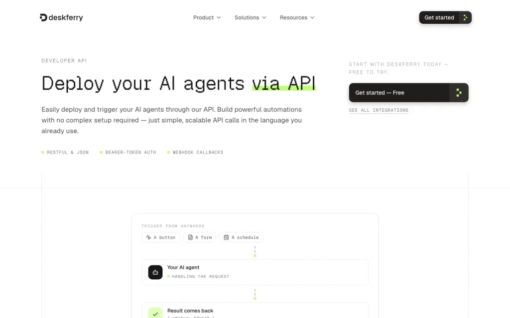 DeskFerry API documentation — screenshot of the productivity & writing AI tool, Oct 1, 2026