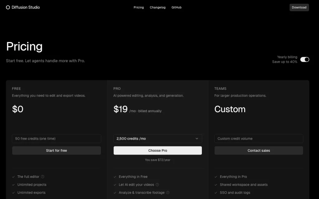 Diffusion Studio pricing page with plans and prices — screenshot of the video AI tool, Oct 1, 2026
