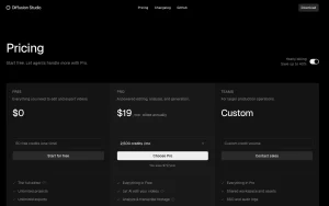 Diffusion Studio pricing page with plans and prices — screenshot of the video AI tool, 2026-10-01
