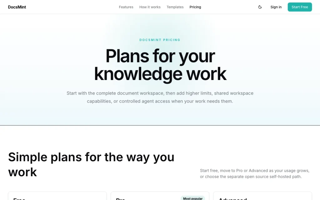 DocsMint Preisseite mit Tarifen und Preisen – Screenshot des KI-Tools produktivität & schreiben, Oct 1, 2026
