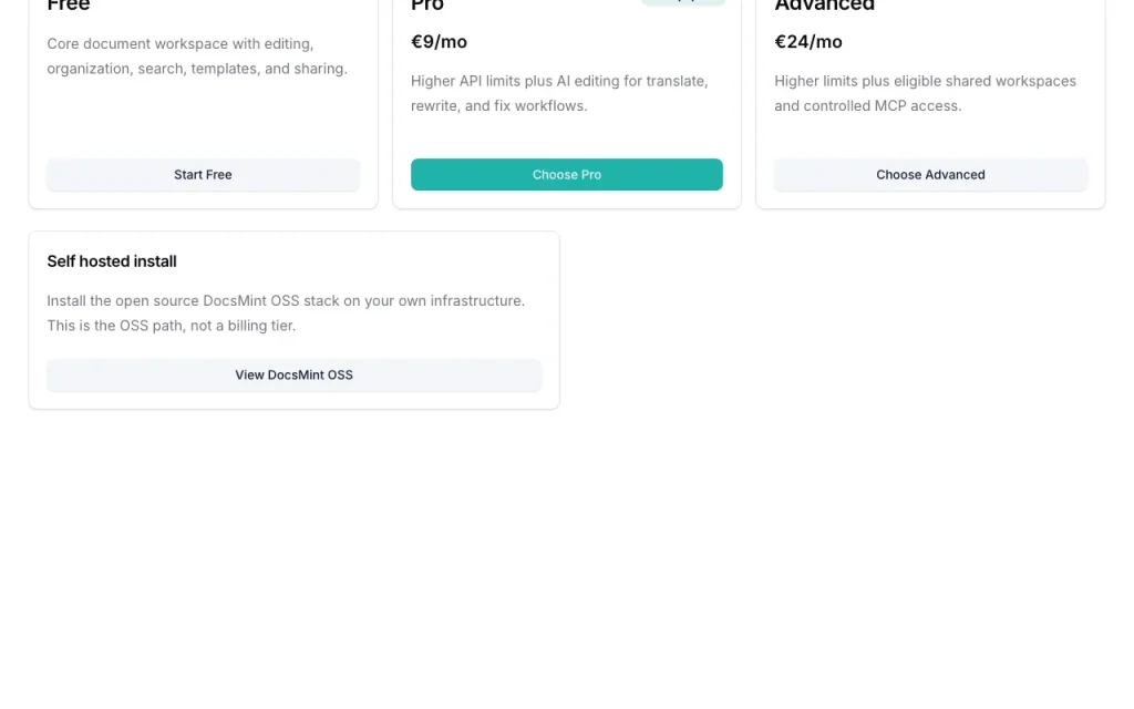 DocsMint pricing page with plans and prices — screenshot of the productivity & writing AI tool, Oct 1, 2026