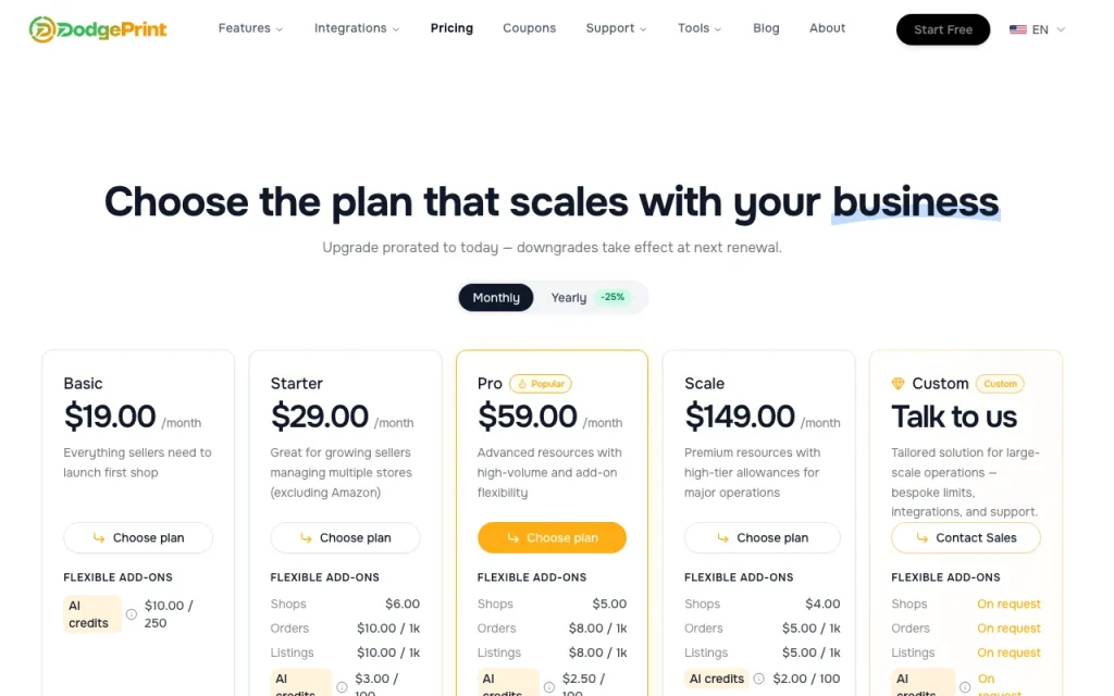 DodgePrint pricing page with plans and prices — screenshot of the productivity & writing AI tool, Oct 2, 2026