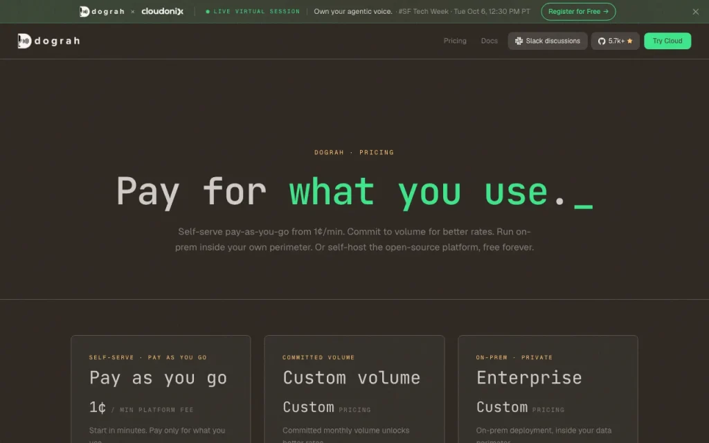 Dograh pricing page with plans and prices — screenshot of the audio & voice AI tool, Oct 1, 2026