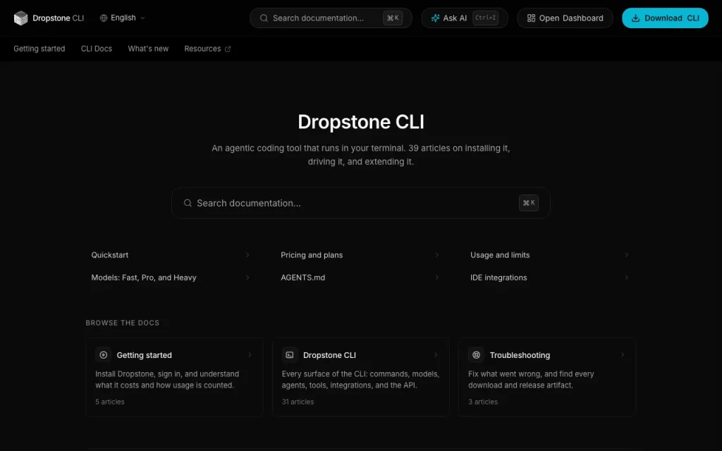 Dropstone documentación — captura de pantalla de la herramienta de IA programación, Oct 1, 2026