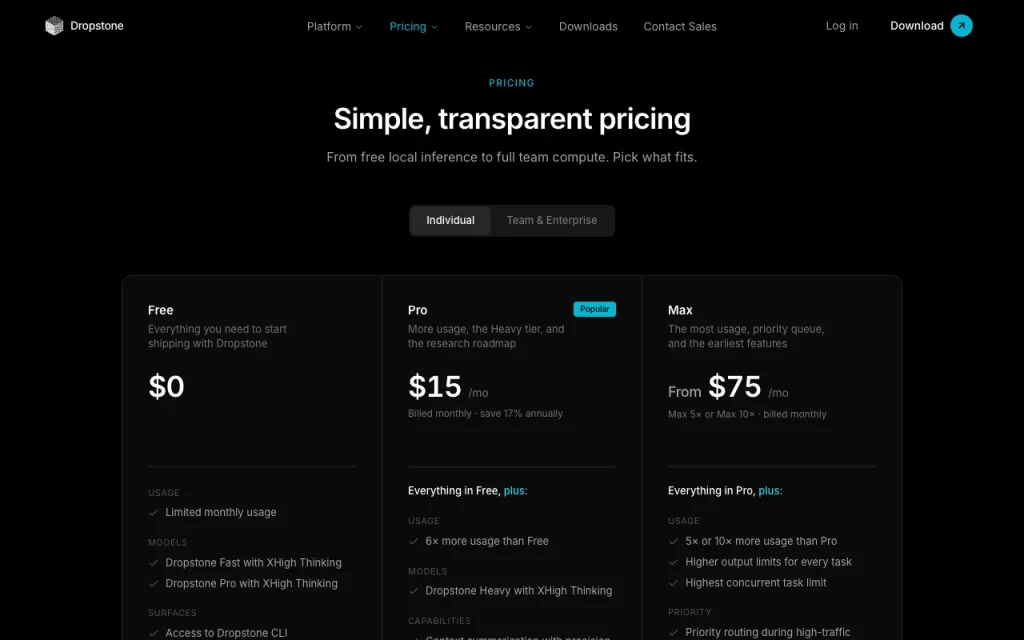 Dropstone página de precios con planes y precios — captura de pantalla de la herramienta de IA programación, Oct 1, 2026