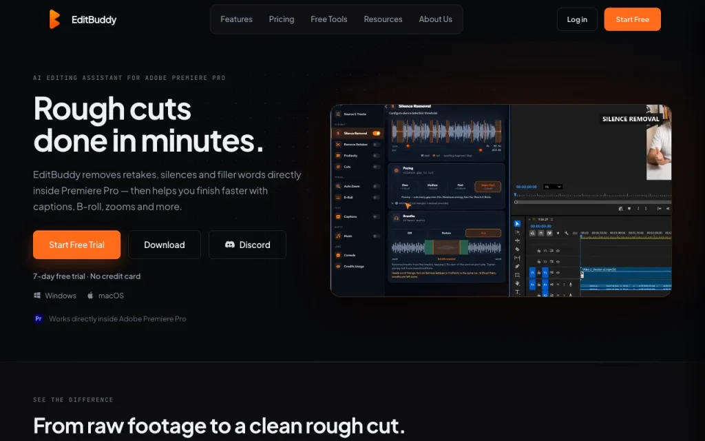 EditBuddy página inicial: captura de tela da ferramenta de IA vídeo, Oct 1, 2026