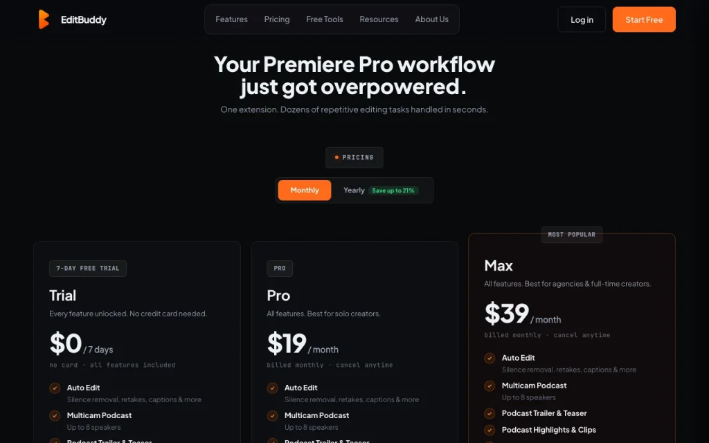 EditBuddy pricing page with plans and prices — screenshot of the video AI tool, Oct 1, 2026