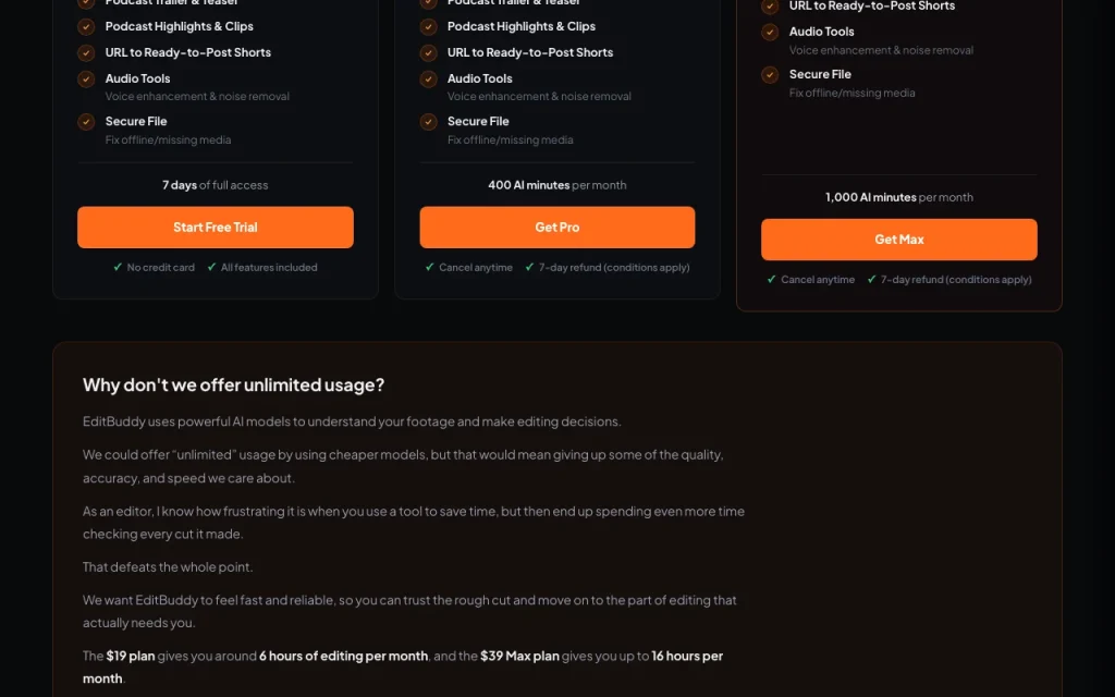 EditBuddy pricing page with plans and prices — screenshot of the video AI tool, Oct 1, 2026