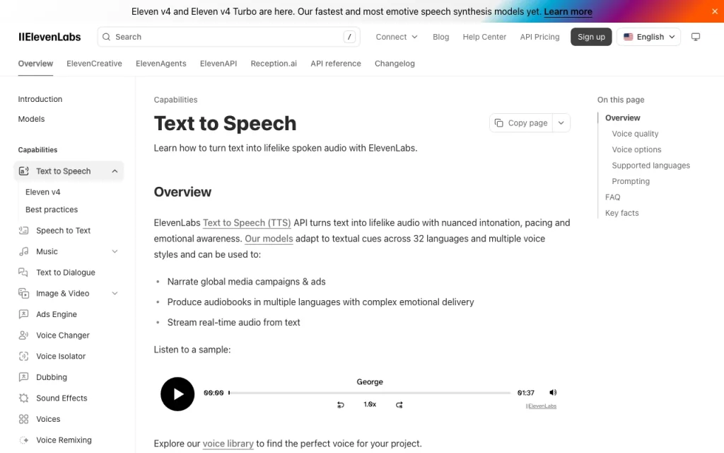 ElevenLabs documentation — screenshot of the audio & voice AI tool, Oct 1, 2026