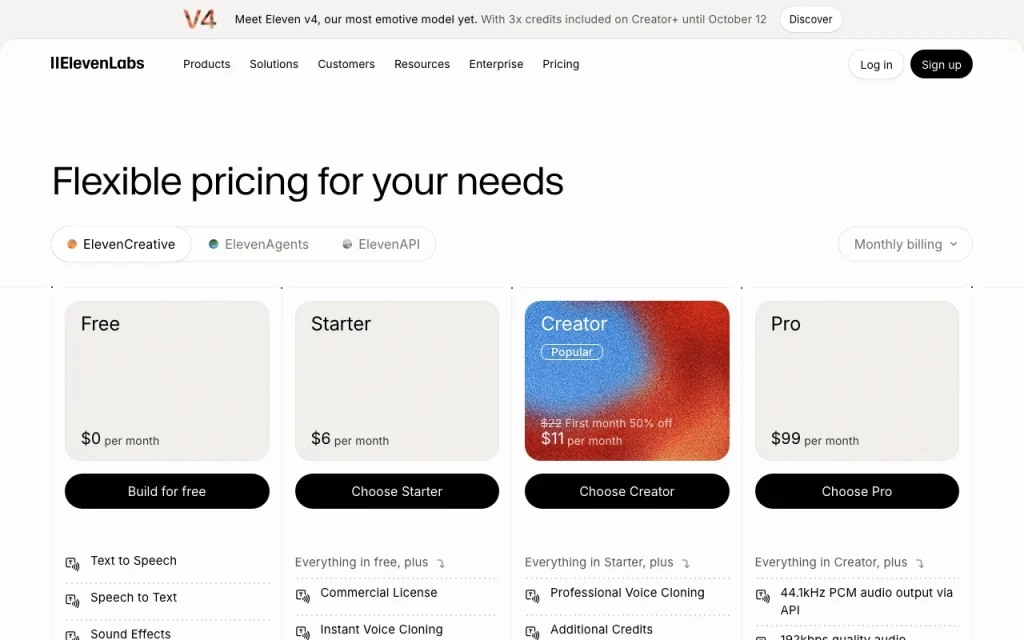 ElevenLabs pricing page with plans and prices — screenshot of the audio & voice AI tool, Oct 1, 2026