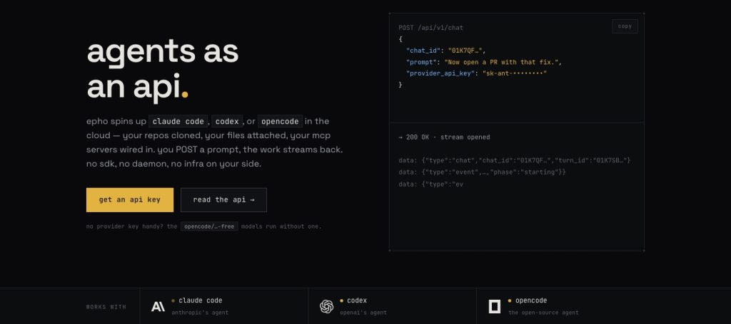 epho captura de tela da página inicial, ferramenta de IA programação
