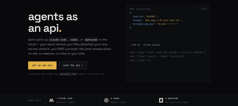 epho homepage screenshot, coding AI tool