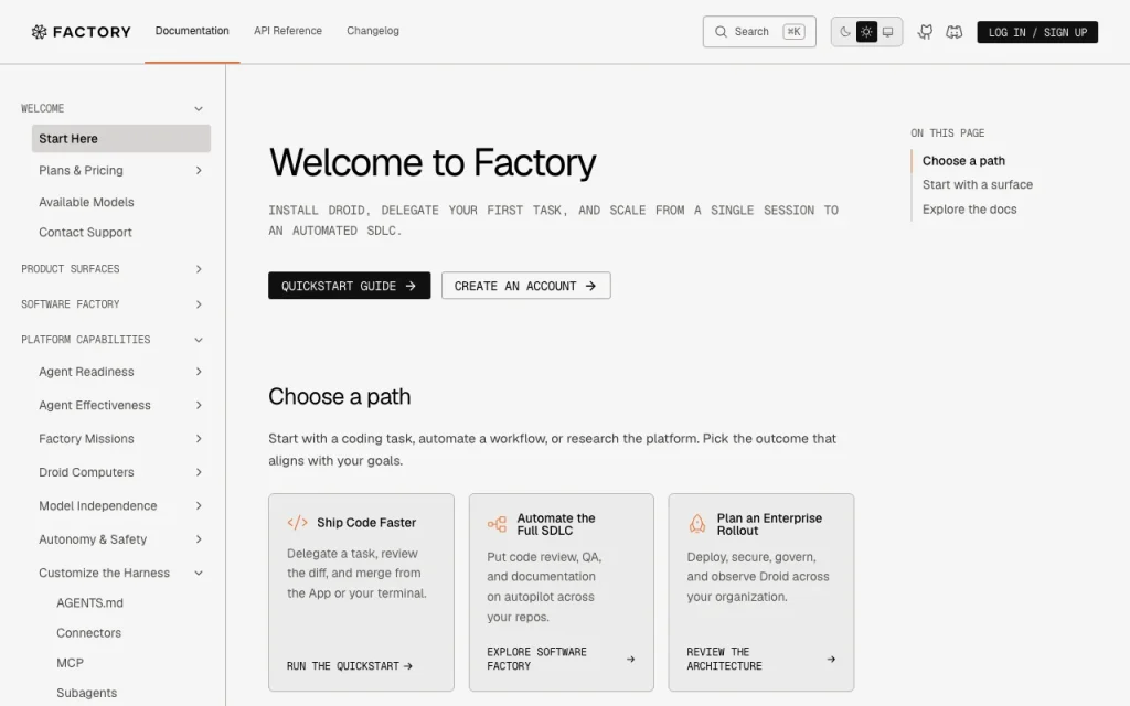Factory documentación — captura de pantalla de la herramienta de IA programación, Oct 1, 2026