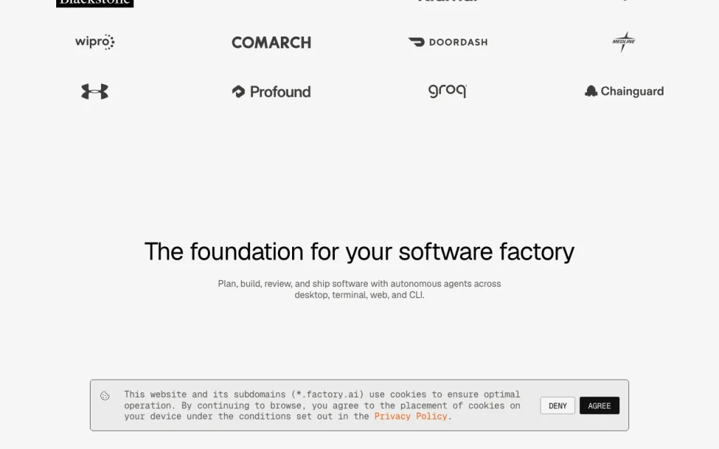 Factory página principal — captura de pantalla de la herramienta de IA programación, Oct 1, 2026