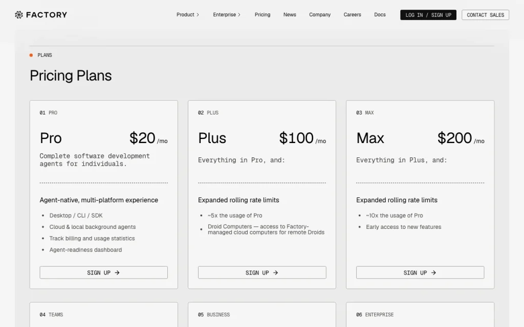 Factory página de precios con planes y precios — captura de pantalla de la herramienta de IA programación, Oct 1, 2026