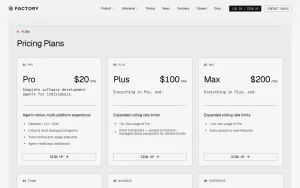 Factory pricing page with plans and prices — screenshot of the coding AI tool, 2026-10-01