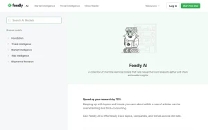 Feedly AI (formerly Leo) homepage — screenshot of the research & search AI tool, 2026-10-01