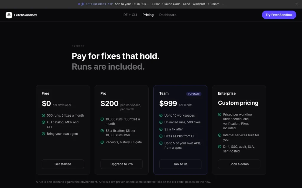 FetchSandbox pricing page with plans and prices — screenshot of the coding AI tool, Oct 1, 2026