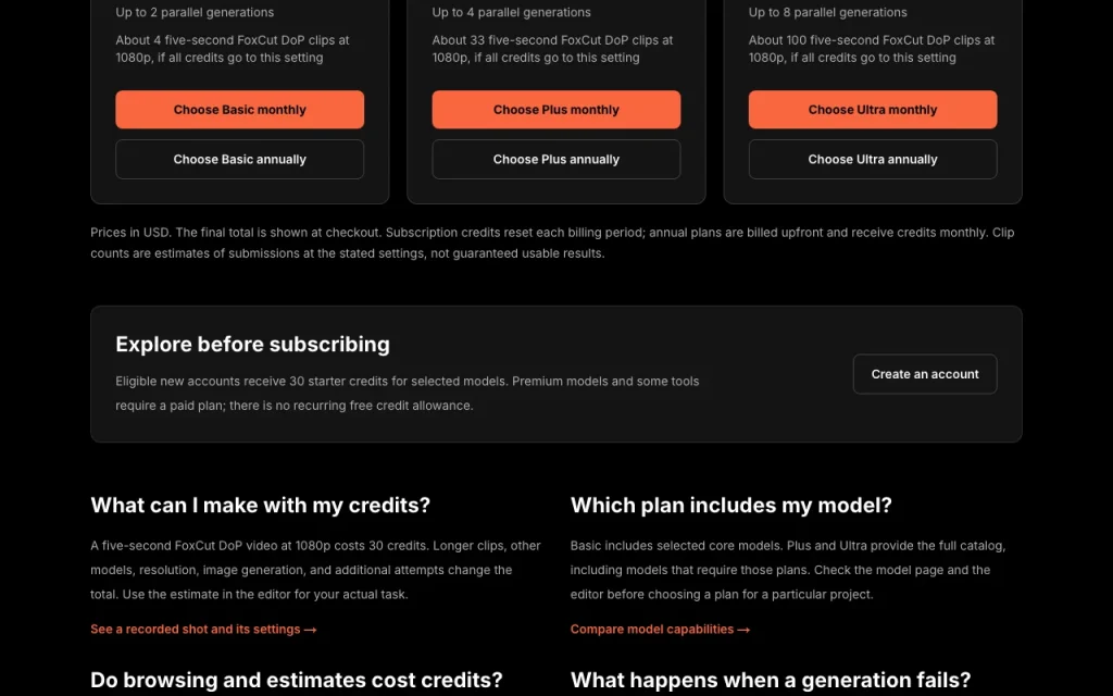 FoxCut pricing page with plans and prices — screenshot of the video AI tool, Oct 1, 2026